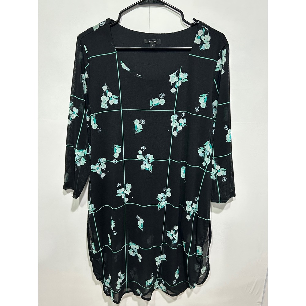 Alfani Tunic Top Womens L Black Floral Mesh Sheer 3/4 Sleeve cover up Modest - Picture 1 of 7